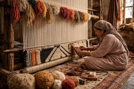 An Amazigh artisan weaving a traditional carpet — craftsmanship passed through generations of women in Morocco's Atlas Mountain communities